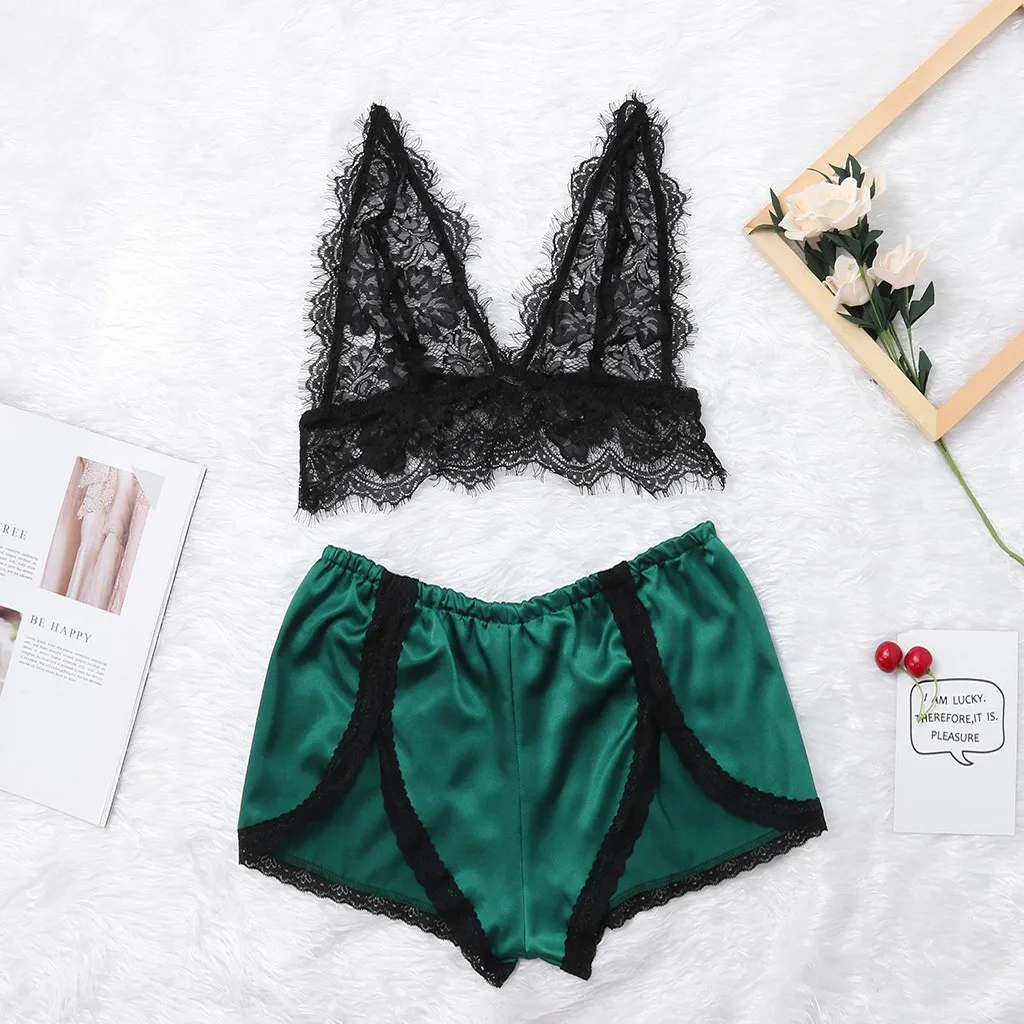 Womail  Solid Color Lace Design Sexy Underwear Female Sleeveless Satin Floral Lingerie Set Pajamas Babydoll Sleepwear 19FEB19