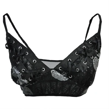 

Punk Black Sequin Bandage Skull Push Up Bra Sexy lingerie Set Babydoll Bikini Brassiere+Skirt Night Party Clubwear Dance Cotumes