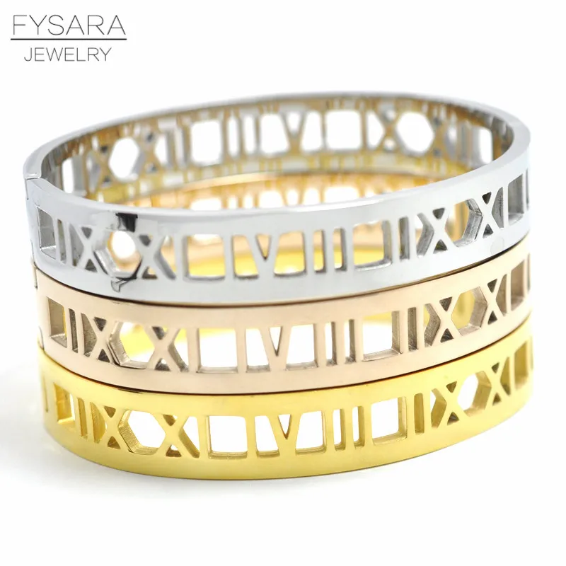 

FYSARA Hollow Roman Numerals Bangles & Bracelets For Women Men Jewelry Stainless Steel Gold-Color Bangle Cuff Bracelet Gift