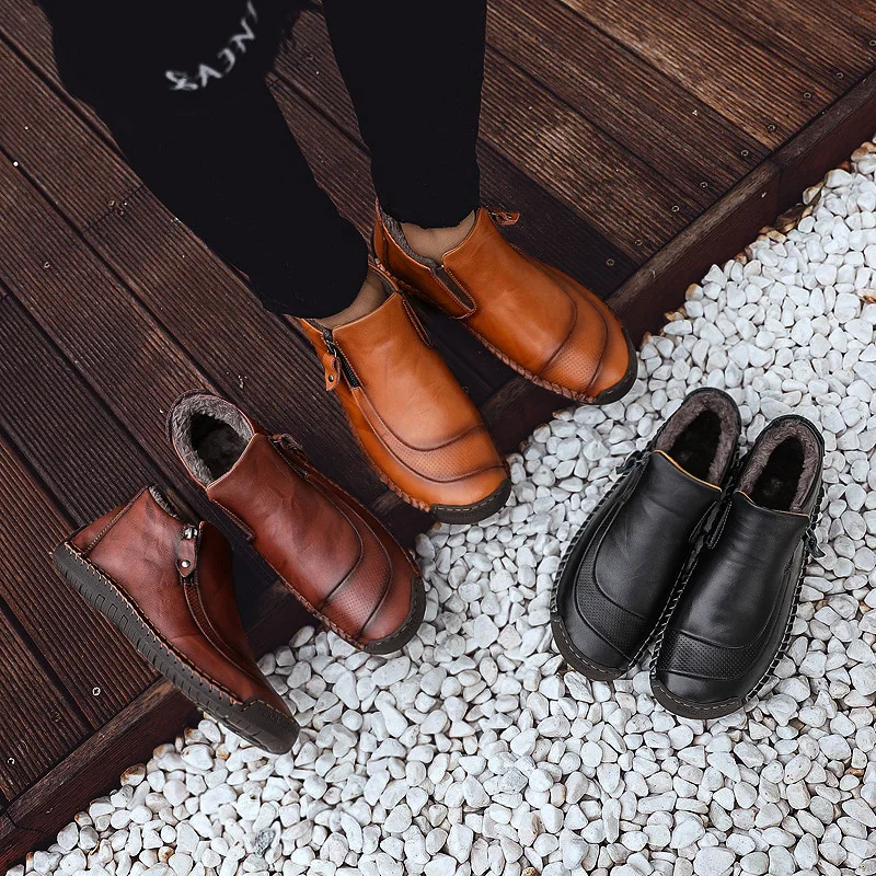 Fashion Men Boots High Quality Split Leather Ankle Snow Boots Warm Fur Men's shoes Plush Winter Autumn Driving Shoes Big size 48