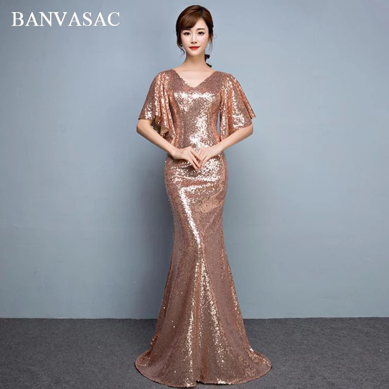 

BANVASAC 2018 V Neck Rose Gold Sequined Mermaid Long Evening Dresses Elegant Party Half Sleeve Backless Prom Gowns