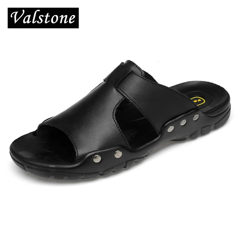 

Valstone Leather Slippers Men 2019 summer Quality sandals Split leather Beach shoes hombre sandalias black Extra plus size 38~52