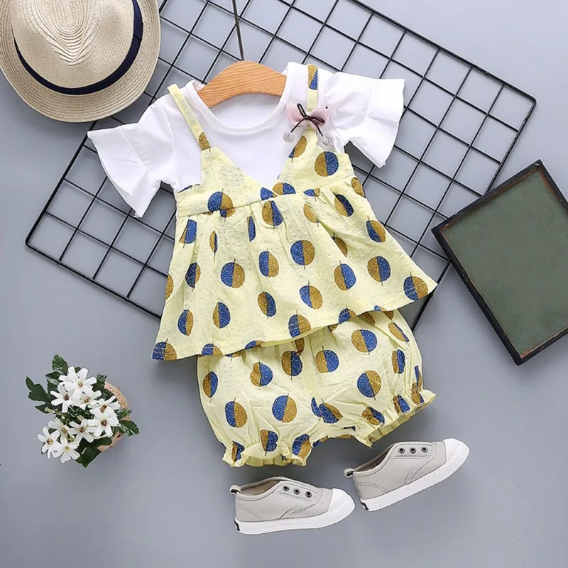 

kid clothes Girls Casual Summer Fake 2 Piece Short Sleeve Floral Print T-shirt+Shorts Suits 2Pcs Costume Set