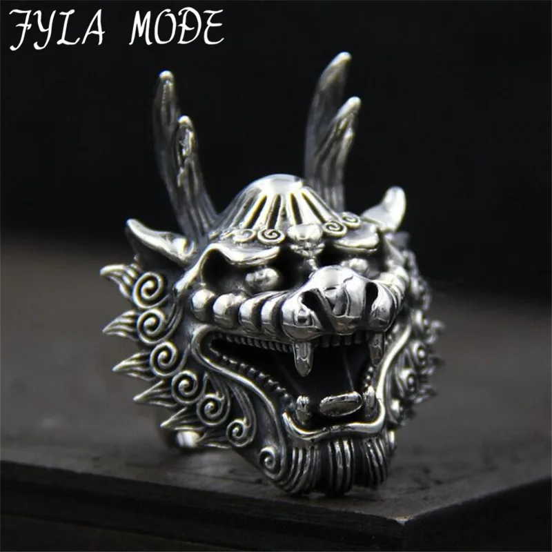 

FYLA MODE Dragon Head Rings For Men Punk Rock Style 100% Sterling Silver Finger Rings Party Jewelry 38mm Width 29.70G PBG055