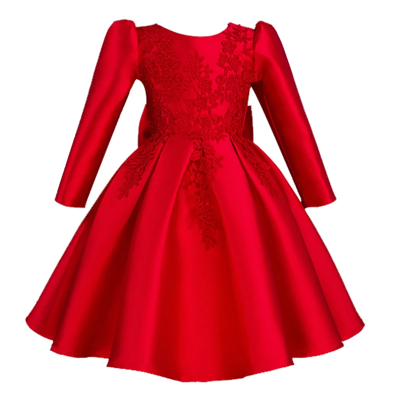 

Autumn Winter Wear Silk red high grade Dress For Baby Girl Gown Birthday Party Outfits Kids clothes Children Wedding Dress