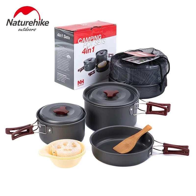 

NatureHike Outdoor Tableware Camping Hiking Cookware Tableware Picnic Backpacking Cooking Bowl Pot Pan Cooker Set 4Pcs In One