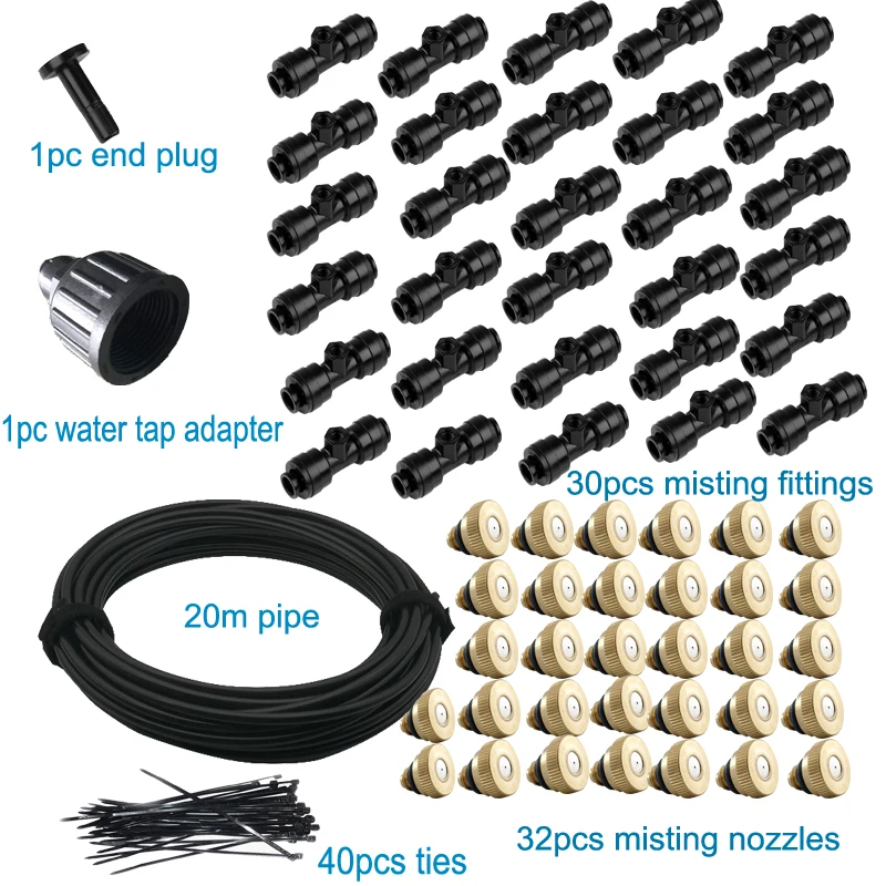 

20m Water Hose Misting Cooling System Garden Watering Kit Brass Nozzles Sprinkler Irrigarion System for Greenhouse Plants