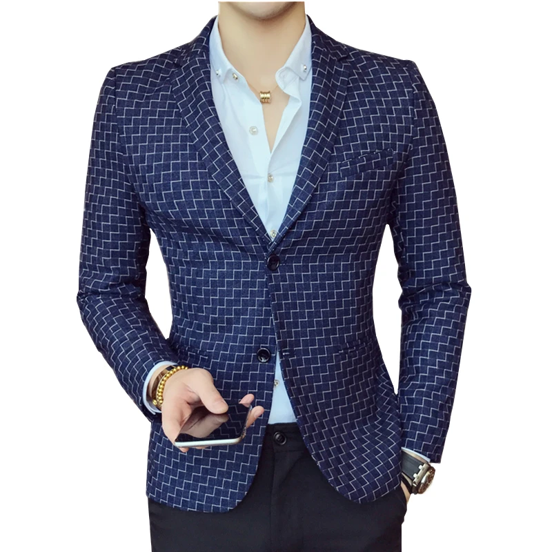 

S-5XL Asia size Long Sleeve Plaid Suit jacket men Blue Red Black Business Casual mens Suits Blazers coats men Slim