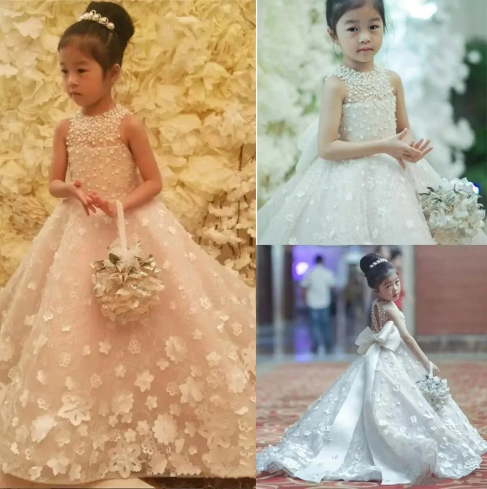 

Luxury custom made Flower Girls Dresses pearls Bead Princess Kids Floor Length Bridesmaid Pageant Ball Gown with Bow Belt train