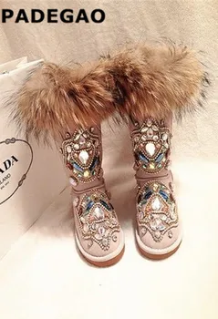 

34-44Winter new handmade luxury heavy-duty rhinestone totem snow boots fur one skin fox fur foreign trade large size riding