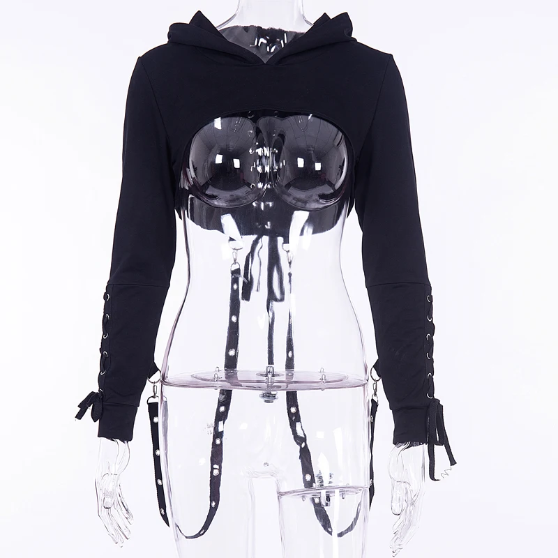 Black Short Hooded Top Gothic Punk Long Sleeve Hoodies Streetwear Fashion Women Tops Coats Halloween Solid Dark Bandage Hoodeds