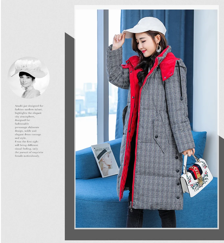 Зимнее женское пальто с капюшоном, тонкая Толстая теплая клетчатая куртка с хлопковой подкладкой, женская Средняя длинная одежда размера плюс 5XL