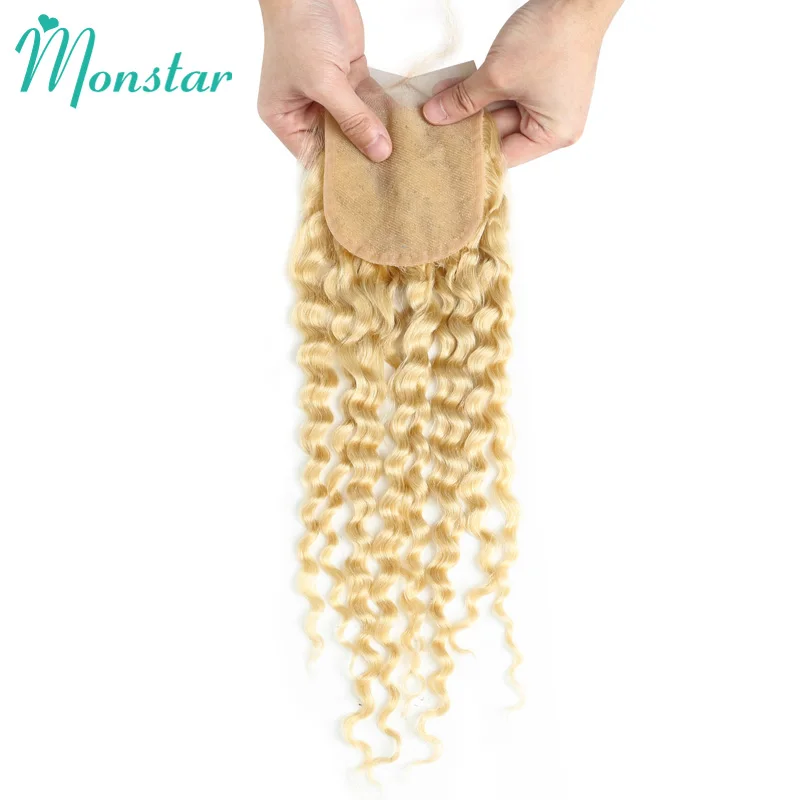 

Monstar 613 Blonde Brazilian Deep Wave 4x4 Closure Remy Human Hair Bundles Honey Blonde Deep Curly Lace Closure Free Middle Part