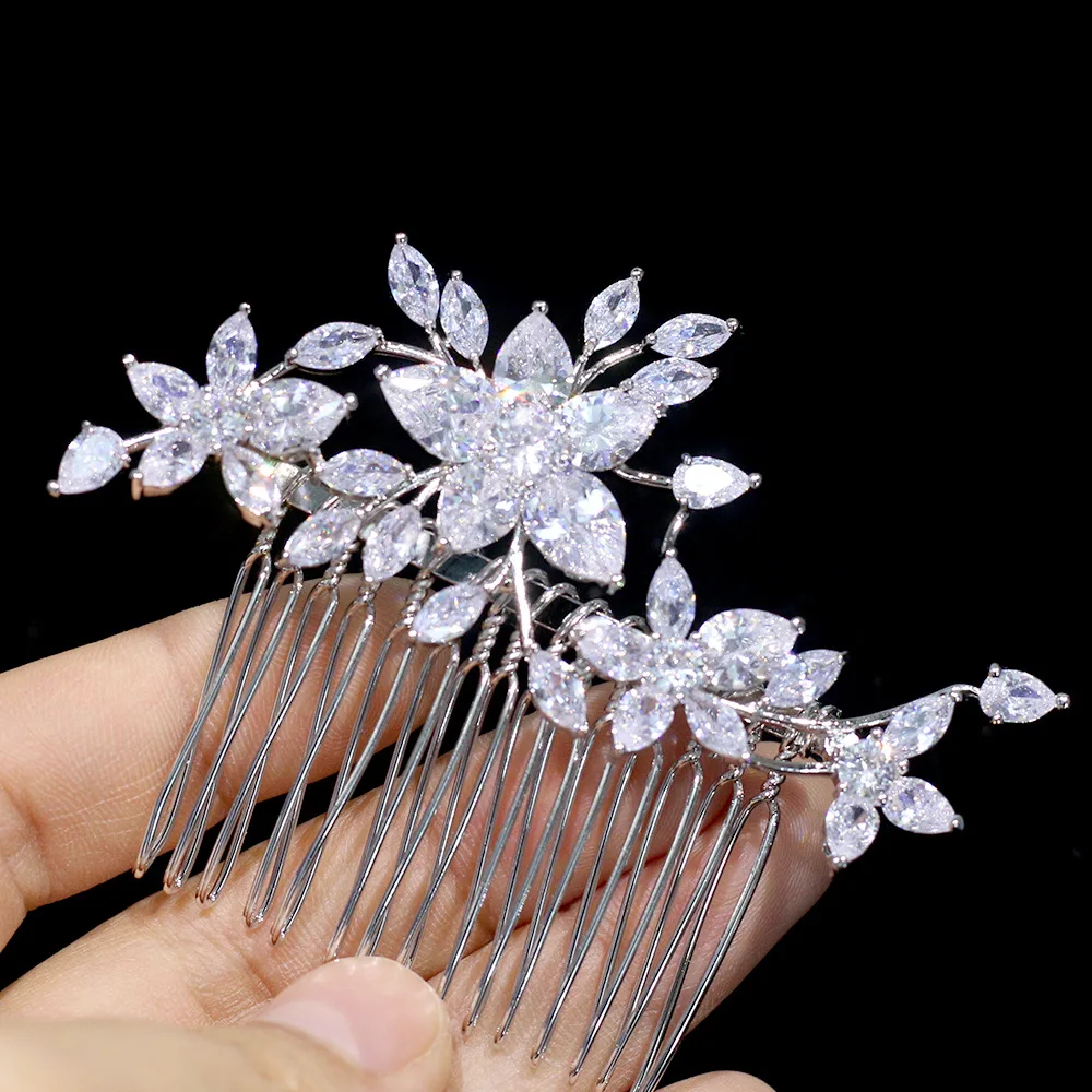

New Fashion Zirconia Bridal Hair Combs Clips Flower Luxury CZ AAA Zircon Head Piece Wedding Hair Piece Bridesmaid Jewelry