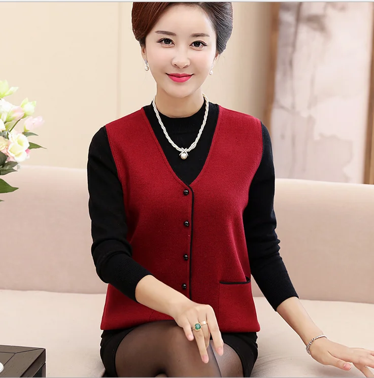 

2018 Autumn Middle-Aged Women Cashmere Vest Sweater Coat Knitting Solid Color Plus Size Mother Vest Waistcoat T324