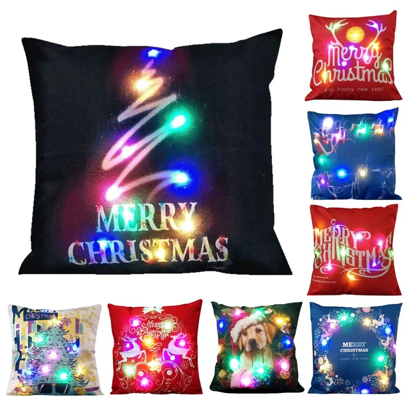 

LED Christmas Light Cotton Linen Throw Pillow Case Sofa Cushion Cover Home Fun Decor