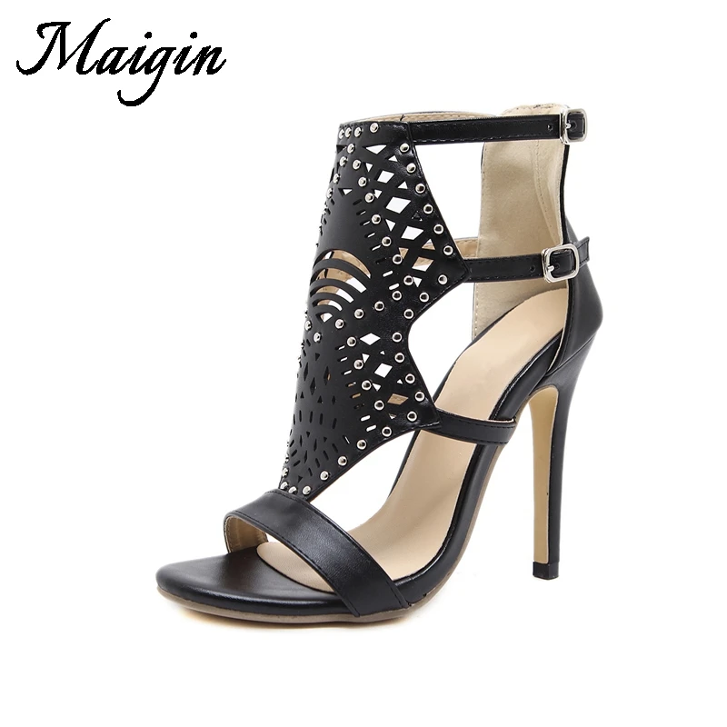 Maigin 2018 Summer Women Ankle Boots Peep Toe High Heels Gladiator Women Sandals Hollow Out Crystal Black Party Female Shoes