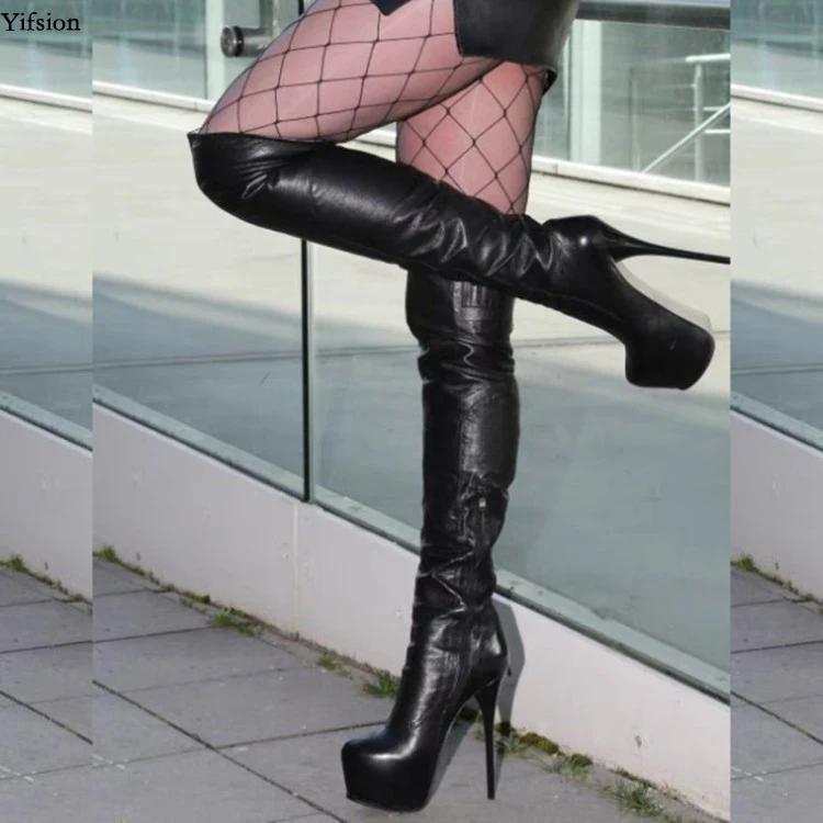 Thin Stiefel 15 Frauen Nachtclub D1210 Größe Plus Uns Schwarz Kappe Knie High Neue Yifsion Black Runde Plattform 5 Heels Über Das Schuhe xYwSqp0q