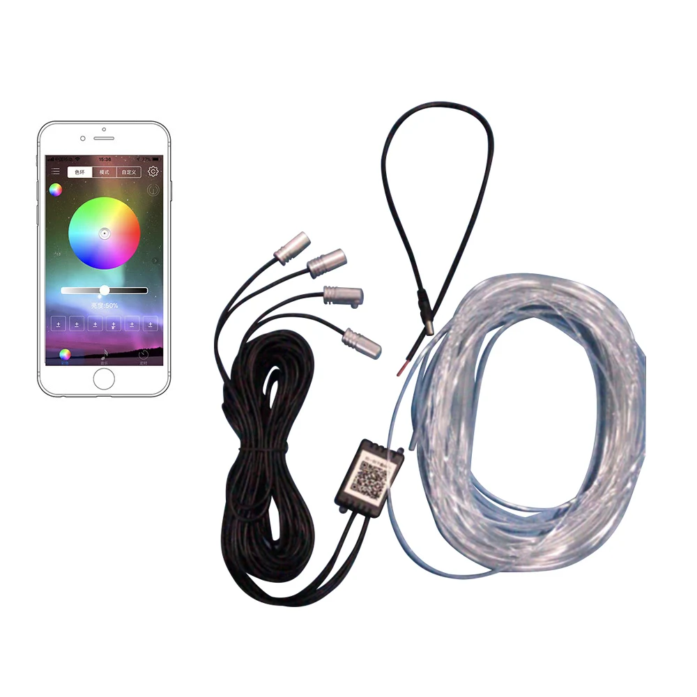 

High Quality RGB Colors Car Interior Neon EL Strip Light Rope Tube Sound Phone APP Control W/4Holder Simple Design