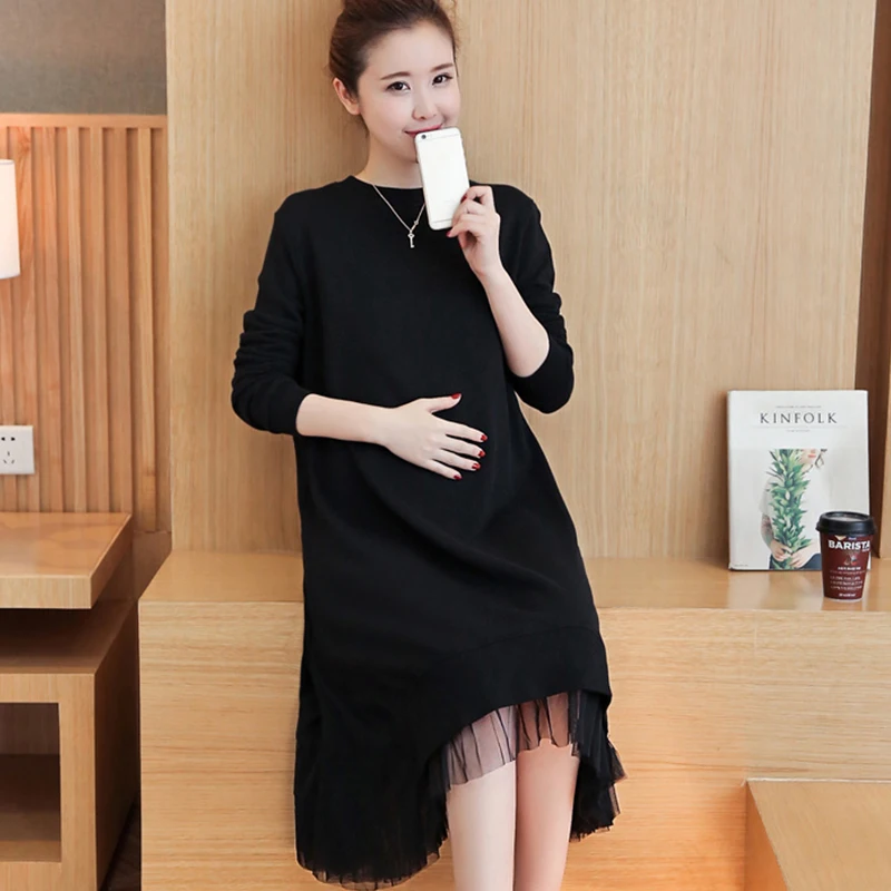 Модное мягкое трикотажное хлопковое платье для беременных осенне-зимняя одежда для беременных женщин Одежда для беременных - Цвет: Черный