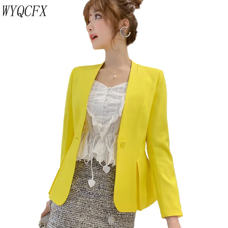 

WYQCFX Autumn New Women Blazer Jacket Korean Slim Long Sleeve Suit Coat Ladies Single Button Elegant Business Office Outwear