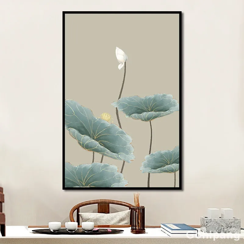 B624361（简约中式中国风手绘荷花装饰画50×70）-5