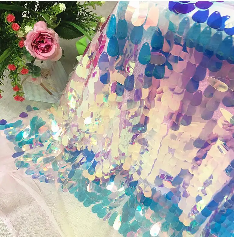 

GLace 1yard/lot Mermaid Sequin Textile Cloth Material 40mm Big Oval Sequin Embroidery Fabric TX124
