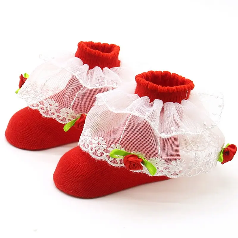 Милые детские красивые шифоновые кружевные носки с цветочным узором; мягкие теплые носки для малышей - Цвет: Red