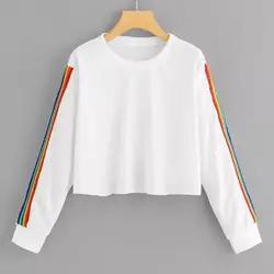 Новый 2018 для женщин s Sweatershirts с длинным рукавом Радуга Лоскутная О образным вырезом толстовка Повседневный пуловер Женская одежда