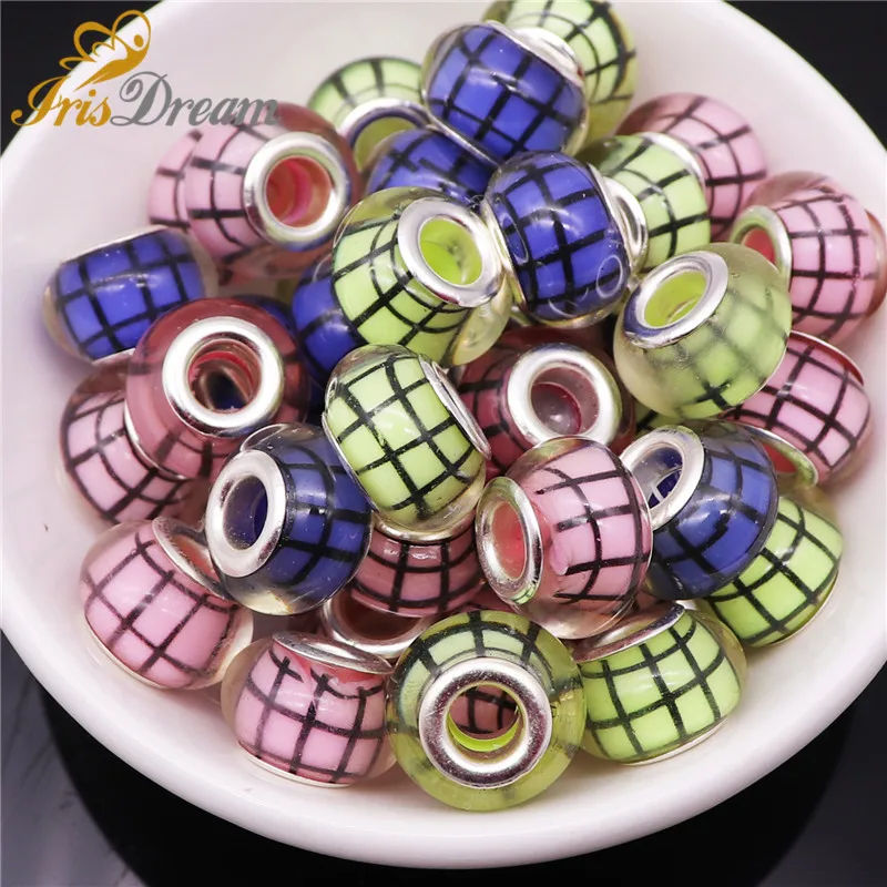 

10Pcs Assorted Color Check Striped Rondelle Glass Resin European Beads Spacer fit Pandora Charm Bracelet Bangle Jewelry Making