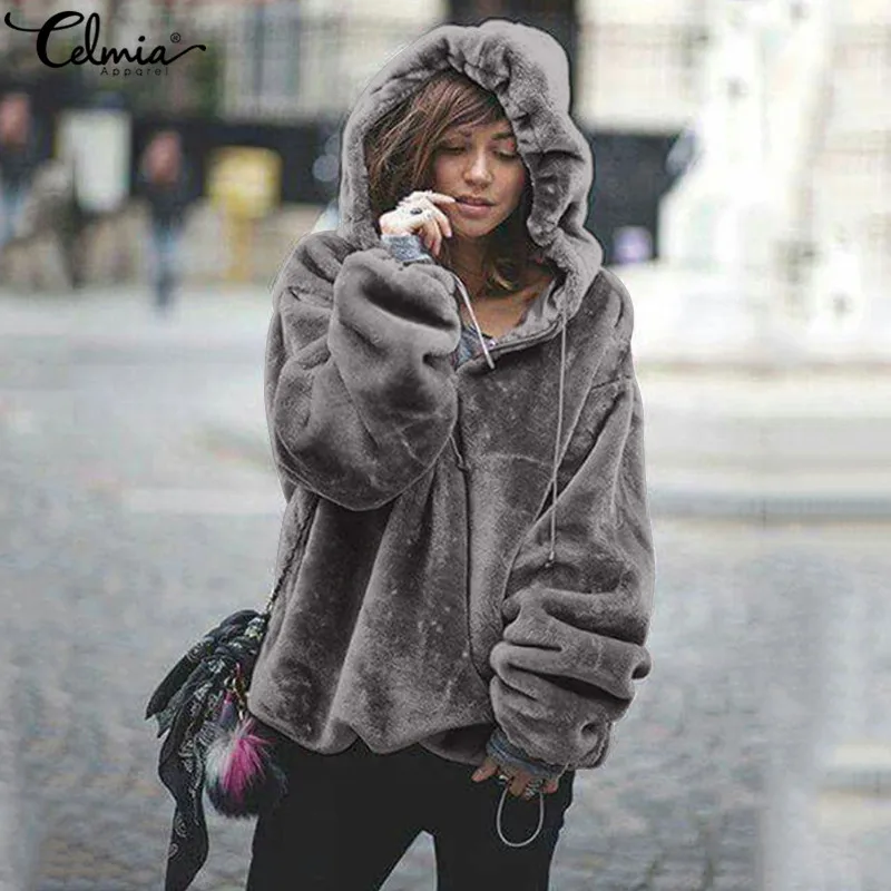 

Winter Warm Fluffy Hoodies Tops 2019 Celmia Long Sleeve Hooded Zipper Thicken Coat Outwear Solid Female Sweatshirt Plus Size 5XL