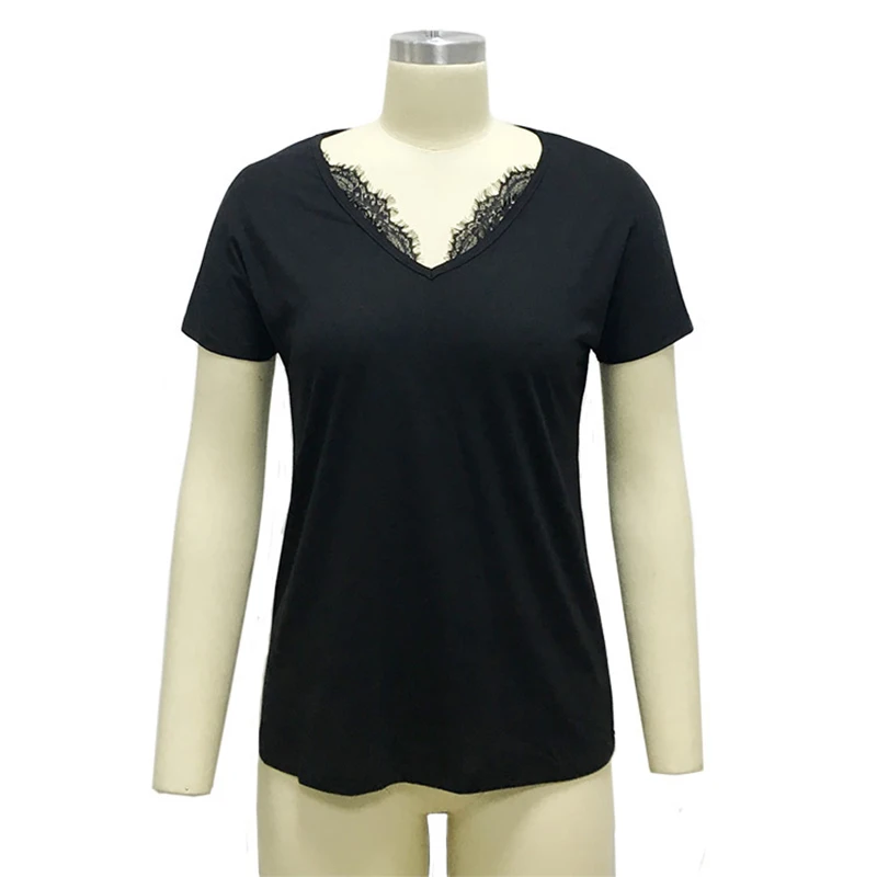 Летняя повседневная черная футболка женская кружевная Лоскутная футболка v-образный вырез короткий рукав Однотонная футболка Тонкий Топ для женщин