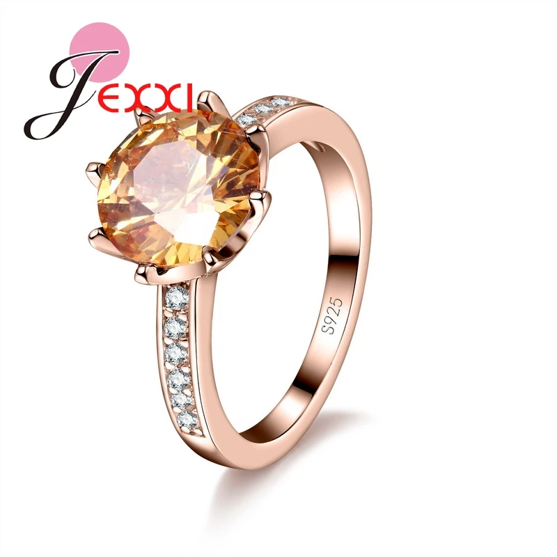 

Fashion Band Jewelry Simple 925 Sterling Silver Rings For Women 6 Colors Round Cubic Zircon Crystal Female Finger Ring