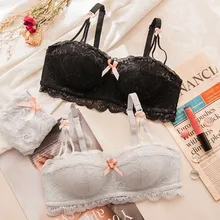 

Wasteheart 2018 New Women Fashion Purple Lingerie Lace Ruffle Straps Bralette Bow Soft Trim Panties Push Up Wireless Bra Sets