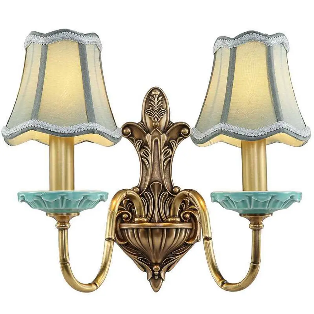 

American Loft Copper Living Room Wall Lamp Vintage Fabric Shade Bedroom Bedsides Ceramic Corridor Stair Case Wall Sconces