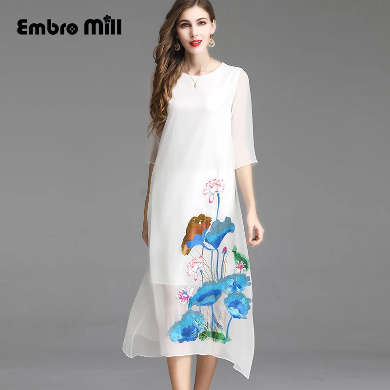 

spring Chinese style Silk Heavy work embroidery Lotus big flower vintage fashion elegant O-neck dress Loose Long dress S-XXL