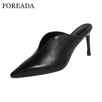 

FOREADA High Heels Genuine Leather Women Shoes Pumps 2018 Spring Shoes Mules Slip On Pointed Toe Thin High Heels Shoes Black