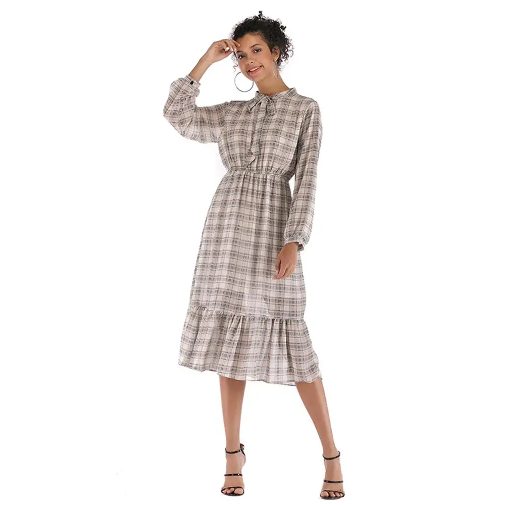 Women Plaid Dress Slim Ruffled Chiffon Bow Dresses Long Sleeve Elastic Waist Retro Maxi Dress Beach vestidos de fiesta Women Plaid Dress Slim Ruffled Chiffon Bow Dresses Long Sleeve Elastic Waist Retro Maxi Dress Beach vestidos de fiesta