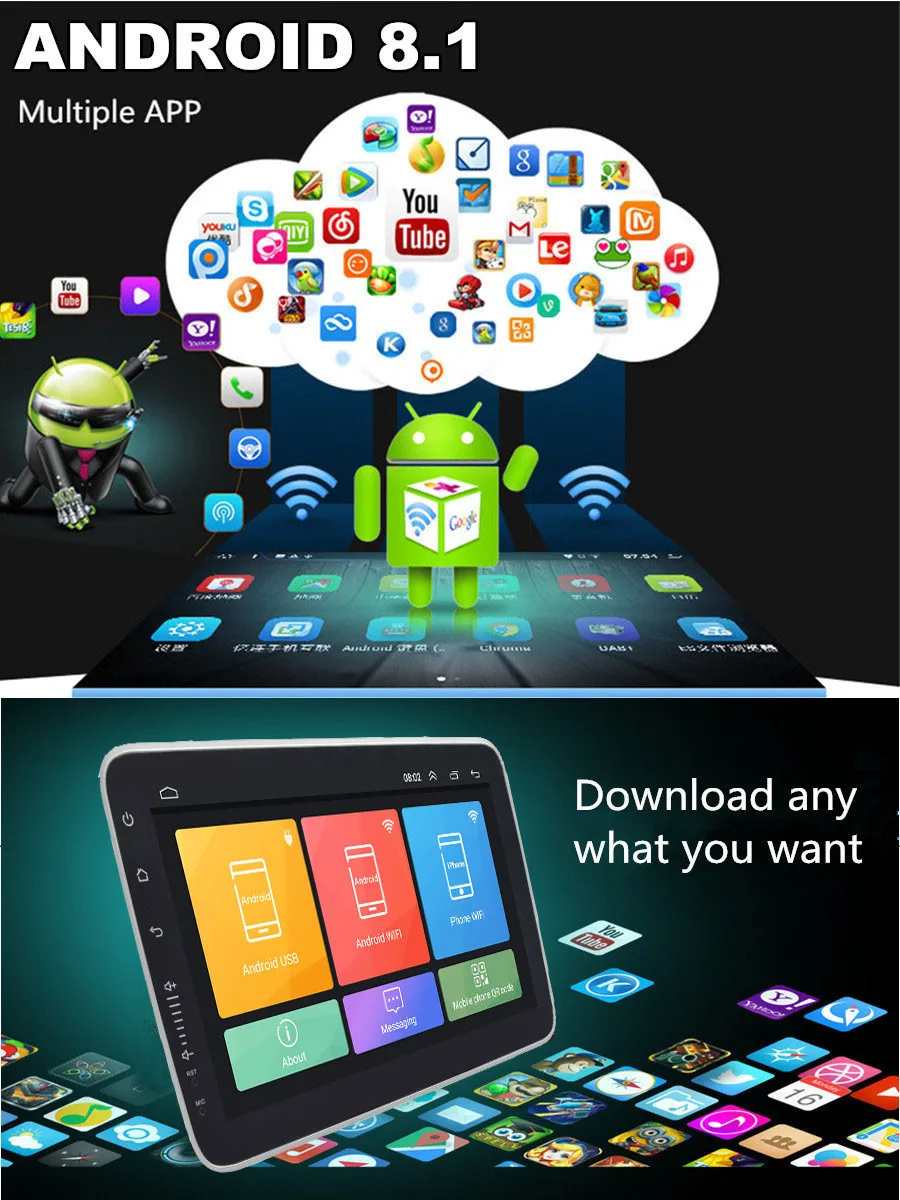 Cheap Universal 1DIN 9" Android 8.1 Rotatable Touch Screen Quad-core RAM 2GB ROM+32GB GPS Wifi Mirror Link 6