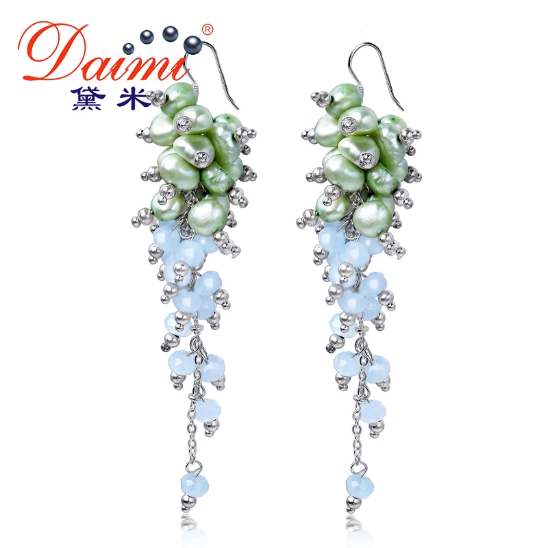 DAIMI 8 5cm Long Tassels Earrings Crystal Freshwater Pearl Earrings Party Style