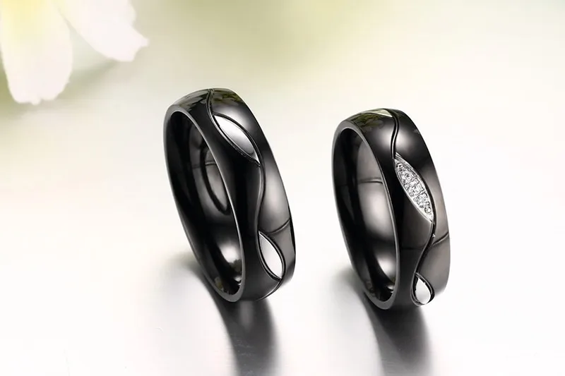 Vnox Черный обручальное кольцо для любовника пару кольца CZ 316L Нержавеющая сталь Обручение ювелирные изделия