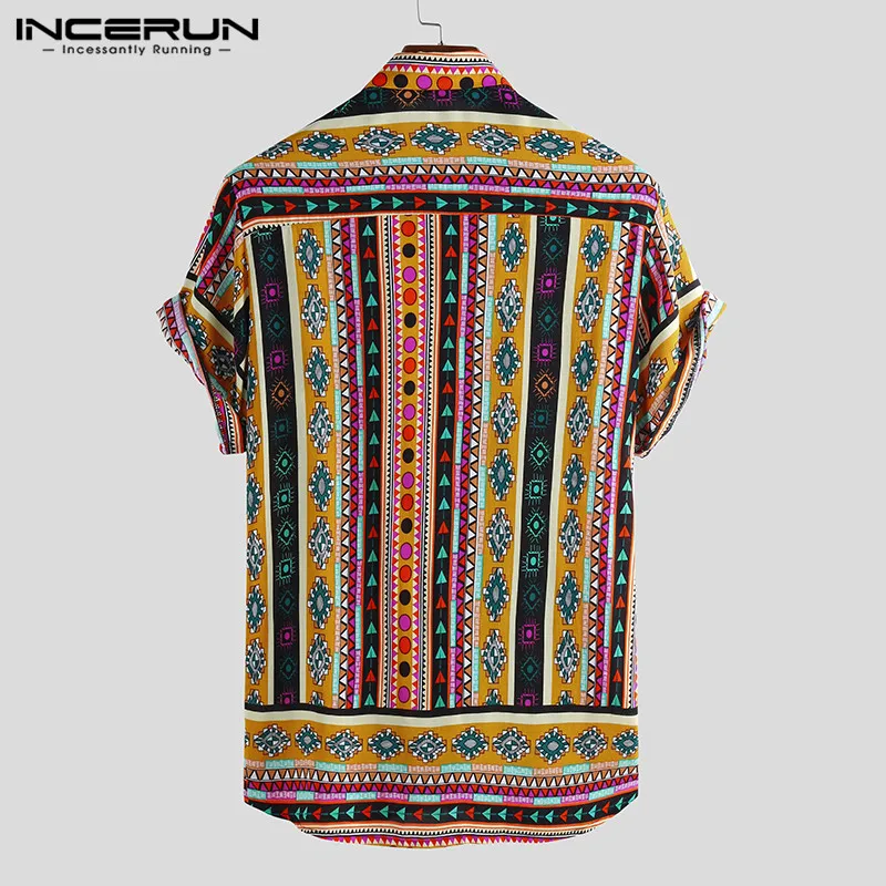 INCERUN, ретро принт, Мужская Повседневная рубашка с отворотом на шее, этнический стиль, короткий рукав, свободные топы, уличная тропическая гавайская рубашка для мужчин