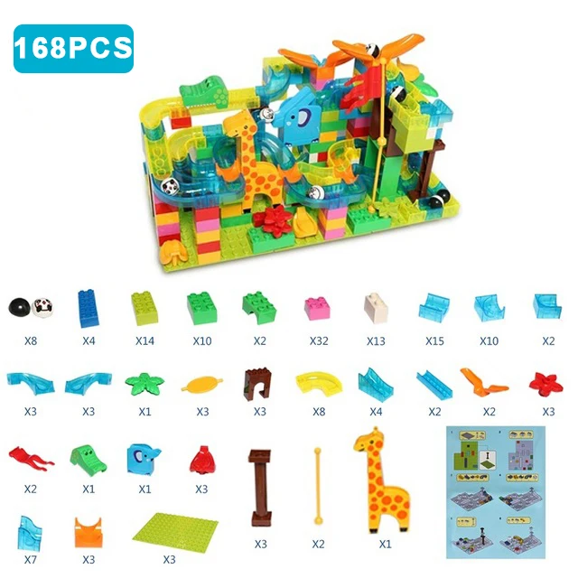 Price 168PCS Marble Race Run Slide Bricks Maze Ball Track Building Blocks Assemble City Brick Set Toys For Children Jungle Adventure