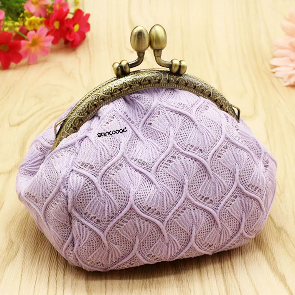 Women Vintage Woolen Yarn Knitted Coin Purse Sweet Mini Wallet Card Holder Bag