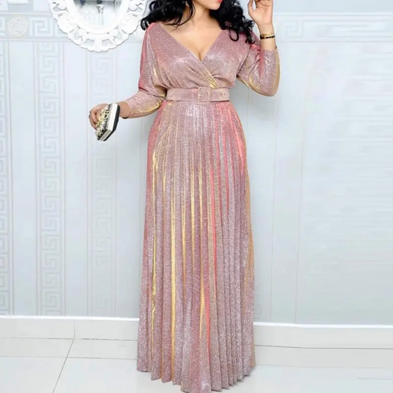 

Fanco Long Dress Women Pleated Sexy Deep V Neck Elegant Spring High Waist Belt Glitter Evening Party Pink Maxi Dresses
