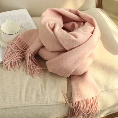 Роскошный зимний шарф из шерсти, женский шарф-одеяло, шали, плотные теплые шарфы, шерстяной шарф из пашмины с кисточками, большой размер, однотонный шарф - Цвет: Pink