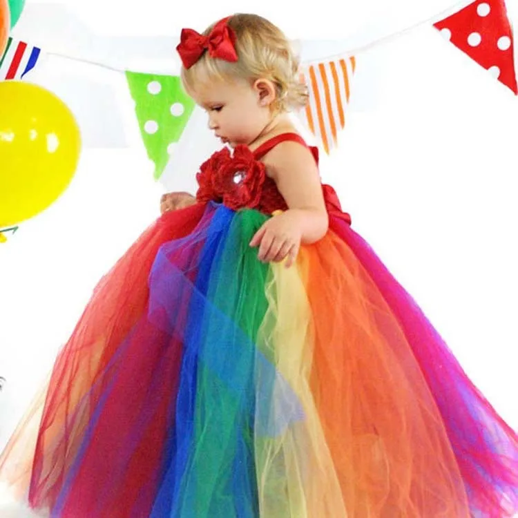 

Little Girls Rainbow Color Tutu Dress Kids Handmade Crochet Flowers Tutus Ball Gown with Red Bow Headband Children Party Dresses