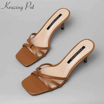 

Krazing Pot full grain leather stiletto thin high heels slip on Hollywood elegant summer European metal decoration sandals L37
