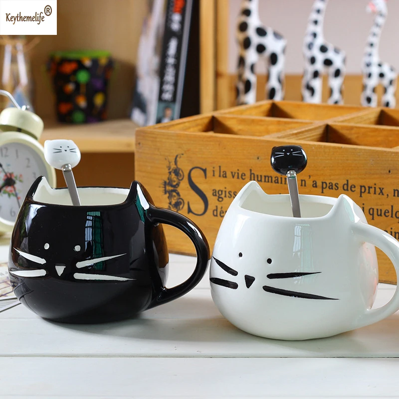 

S Cute Kitty Ceramic Handle Ice Cream Tea Coffee Teaspoons Soup Ladle Tea Drink Gifts Dinnerware D4
