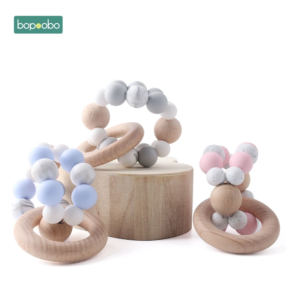 Bopoobo 1 шт музыкальный без БФА, силиконовый крошечные стержня бисера деревянная погремушка бук кольцо детская кровать висячая погремушки